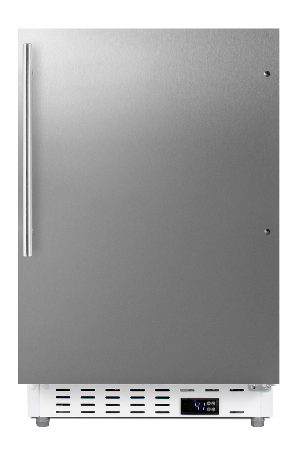 Built-in undercounter ADA compliant residential all-refrigerator with SS cabinet and door and vertical handle with door storage and automatic defrost operation